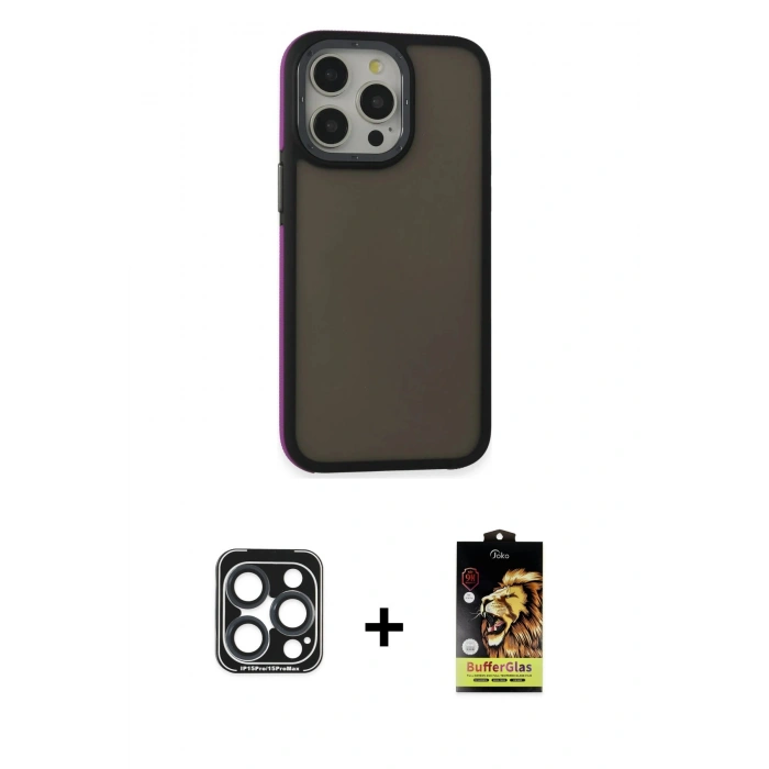 MARSİLYAN™- iPhone 15 Pro Max Kılıf Eksen Işık - Siyah Buffer Cam Ekran Koruyucu + Lacivert PVD Metal Kamera Lens