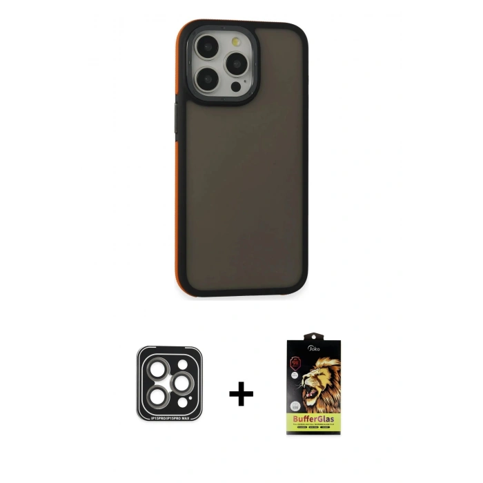 MARSİLYAN™- iPhone 15 Pro Max Kılıf Eksen Işık - Siyah Buffer Cam Ekran Koruyucu + PVD Metal Kamera Lens - GI