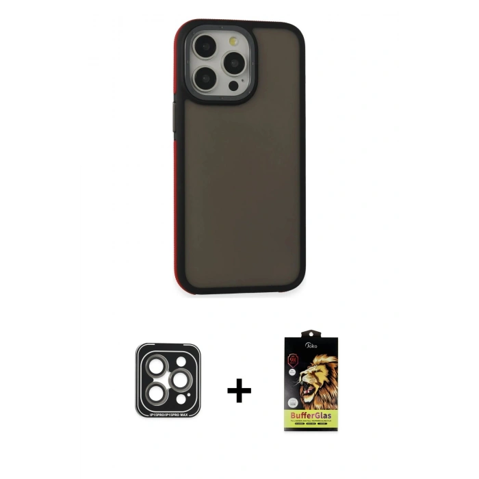 MARSİLYAN™- iPhone 15 Pro Max Kılıf Eksen Işık - Siyah Buffer Cam Ekran Koruyucu + PVD Metal Kamera Lens - GI