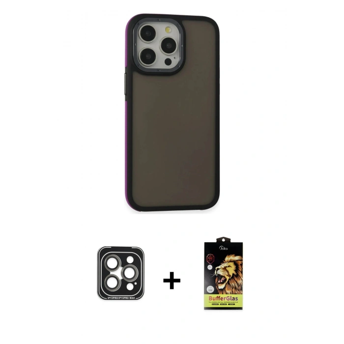 MARSİLYAN™- iPhone 15 Pro Max Kılıf Eksen Işık - Siyah Buffer Cam Ekran Koruyucu + PVD Metal Kamera Lens - GI