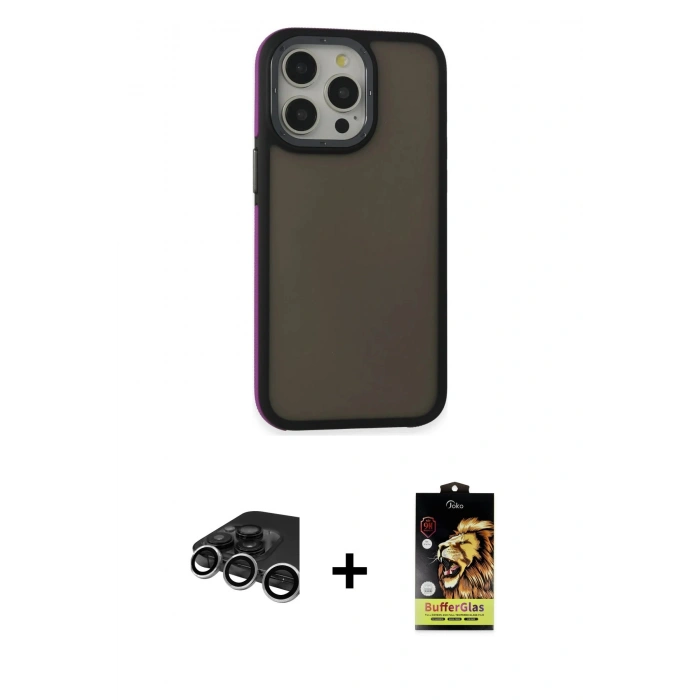 MARSİLYAN™- iPhone 15 Pro Max Kılıf Eksen Işık - Siyah Buffer Cam Ekran Koruyucu + Raze Metal Kamera Lens - GS