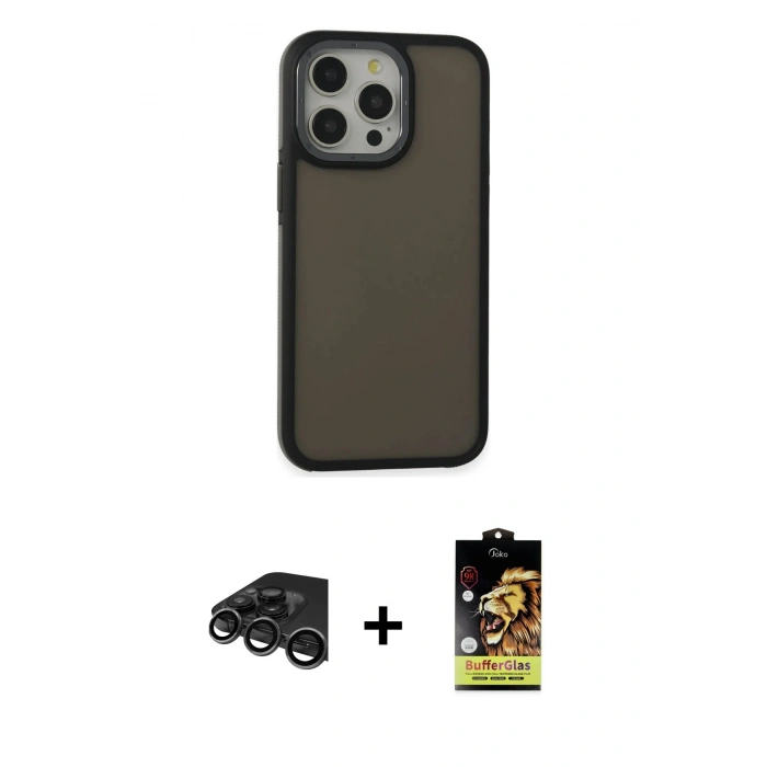 MARSİLYAN™- iPhone 15 Pro Max Kılıf Eksen Işık - Siyah Buffer Cam Ekran Koruyucu + Raze Metal Kamera Lens - TMGI