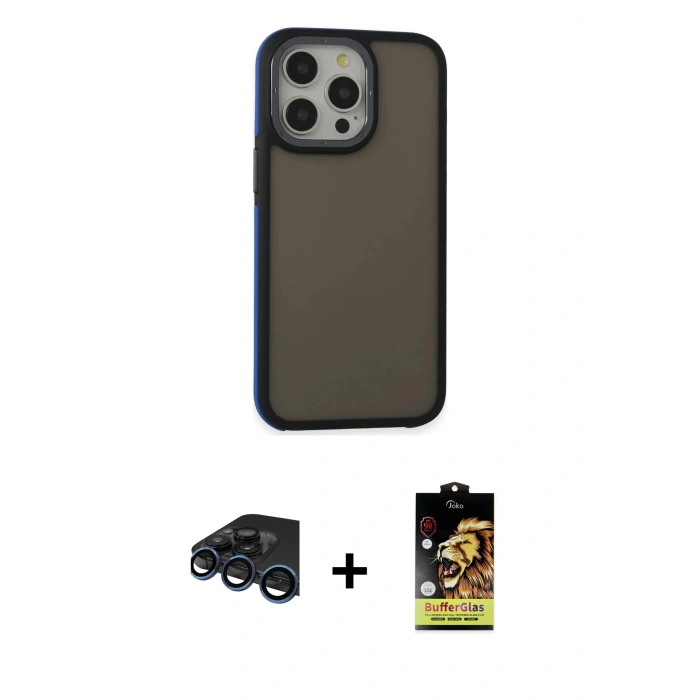 MARSİLYAN™- iPhone 15 Pro Max Kılıf Eksen Işık - Siyah Buffer Cam Ekran Koruyucu + Raze Metal Kamera Lens - LT