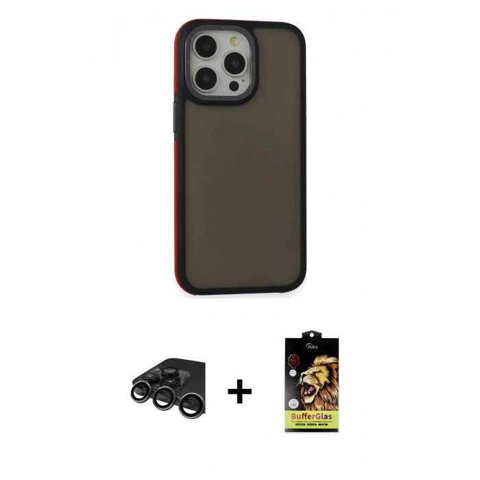MARSİLYAN™- iPhone 15 Pro Max Kılıf Eksen Işık - Siyah Buffer Cam Ekran Koruyucu + Raze Metal Kamera Lens - TMGI