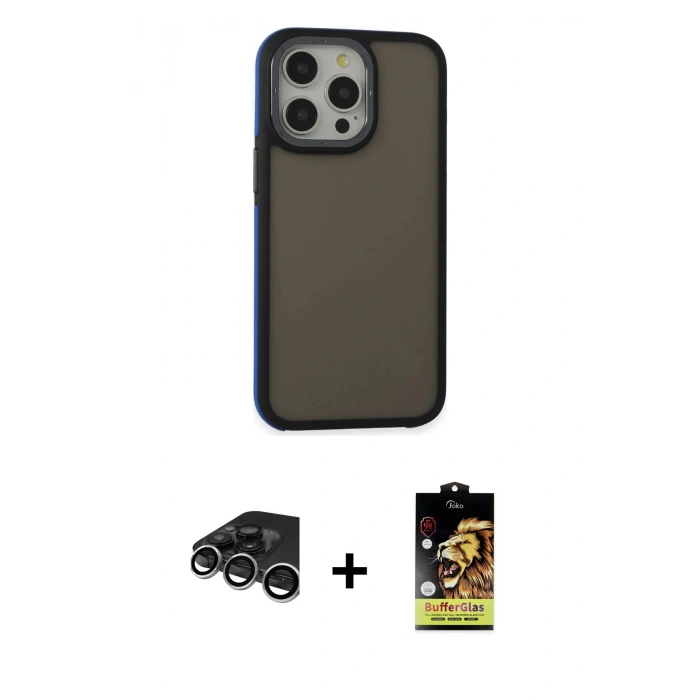 MARSİLYAN™- iPhone 15 Pro Max Kılıf Eksen Işık - Siyah Buffer Cam Ekran Koruyucu + Raze Metal Kamera Lens - GS