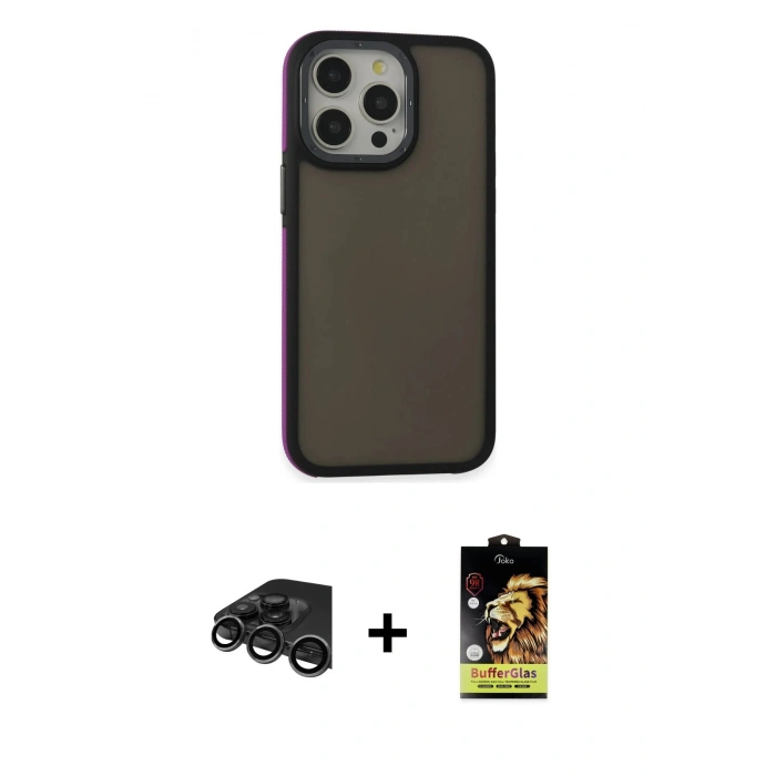 MARSİLYAN™- iPhone 15 Pro Max Kılıf Eksen Işık - Siyah Buffer Cam Ekran Koruyucu + Raze Metal Kamera Lens - TMGI
