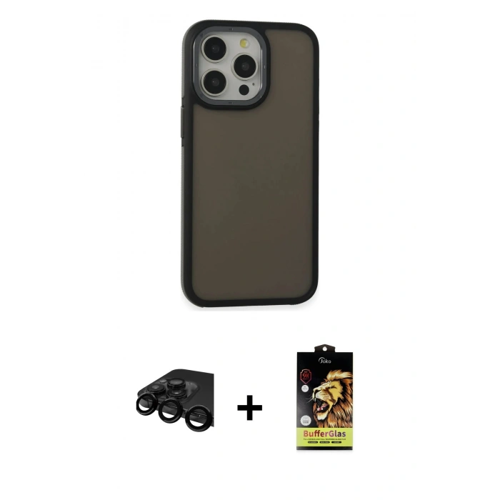 MARSİLYAN™- iPhone 15 Pro Max Kılıf Eksen Işık - Siyah Buffer Cam Ekran Koruyucu + Raze Metal Kamera Lens - SH