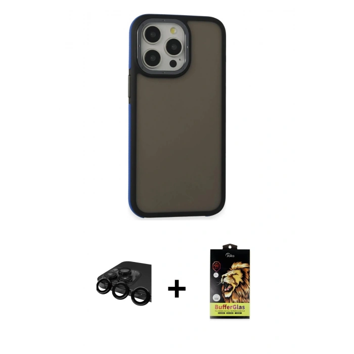 MARSİLYAN™- iPhone 15 Pro Max Kılıf Eksen Işık - Siyah Buffer Cam Ekran Koruyucu + Raze Metal Kamera Lens - SH