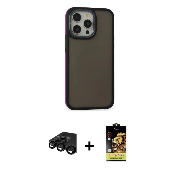 MARSİLYAN™- iPhone 15 Pro Max Kılıf Eksen Işık - Siyah Buffer Cam Ekran Koruyucu + Raze Metal Kamera Lens - SH