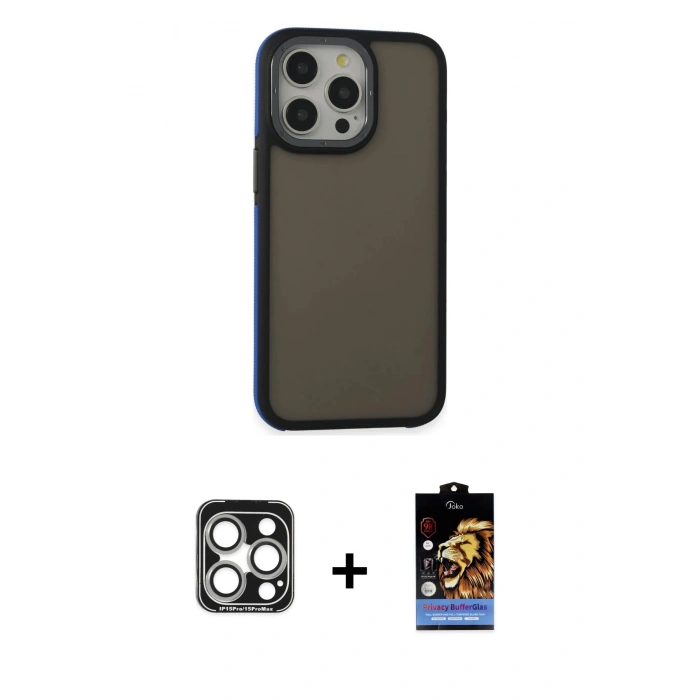 MARSİLYAN™- iPhone 15 Pro Max Kılıf Eksen Işık - Siyah Buffer Hayalet Cam Ekran Koruyucu + PVD Metal Kamera Lens - GS