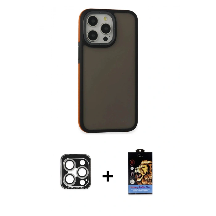 MARSİLYAN™- iPhone 15 Pro Max Kılıf Eksen Işık - Siyah Buffer Hayalet Cam Ekran Koruyucu + PVD Metal Kamera Lens - GS