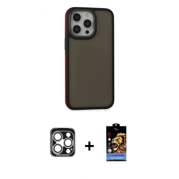 MARSİLYAN™- iPhone 15 Pro Max Kılıf Eksen Işık - Siyah Buffer Hayalet Cam Ekran Koruyucu + PVD Metal Kamera Lens - GS