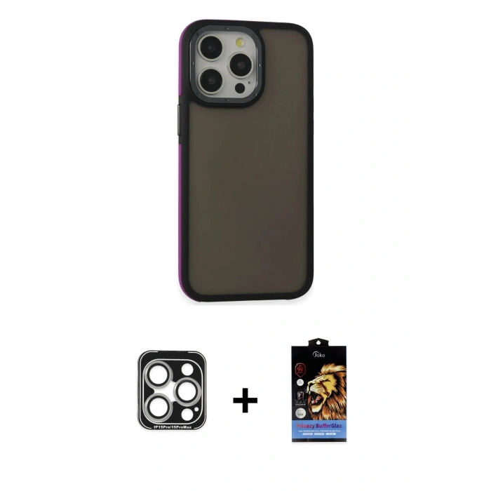 MARSİLYAN™- iPhone 15 Pro Max Kılıf Eksen Işık - Siyah Buffer Hayalet Cam Ekran Koruyucu + PVD Metal Kamera Lens - GS