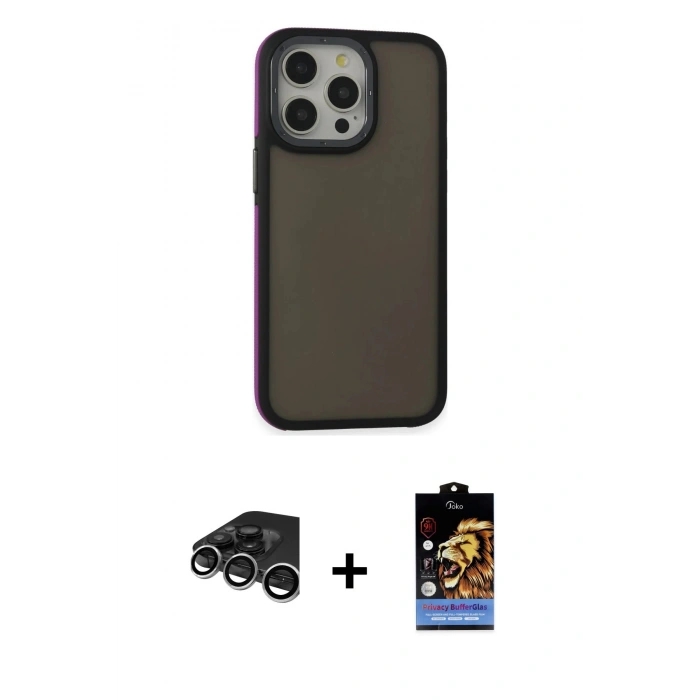 MARSİLYAN™- iPhone 15 Pro Max Kılıf Eksen Işık - Siyah Buffer Hayalet Cam Ekran Koruyucu + Raze Metal Kamera Lens - GS