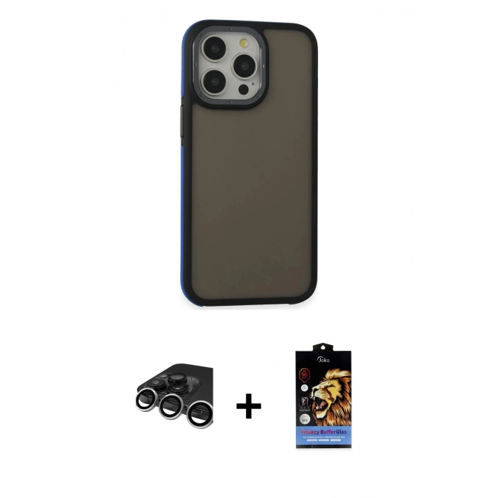 MARSİLYAN™- iPhone 15 Pro Max Kılıf Eksen Işık - Siyah Buffer Hayalet Cam Ekran Koruyucu + Raze Metal Kamera Lens - GS
