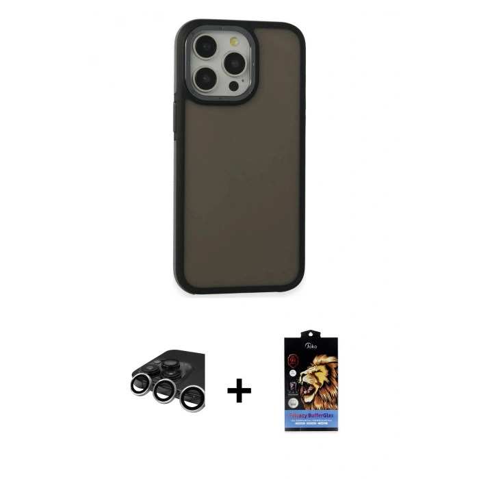 MARSİLYAN™- iPhone 15 Pro Max Kılıf Eksen Işık - Siyah Buffer Hayalet Cam Ekran Koruyucu + Raze Metal Kamera Lens - GS