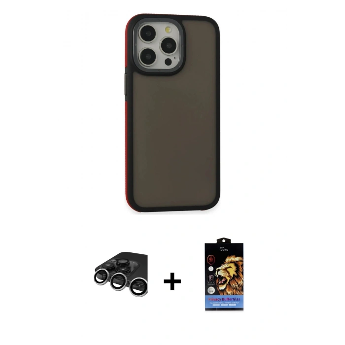 MARSİLYAN™- iPhone 15 Pro Max Kılıf Eksen Işık - Siyah Buffer Hayalet Cam Ekran Koruyucu + Raze Metal Kamera Lens - GS