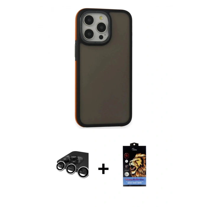 MARSİLYAN™- iPhone 15 Pro Max Kılıf Eksen Işık - Siyah Buffer Hayalet Cam Ekran Koruyucu + Raze Metal Kamera Lens - GS
