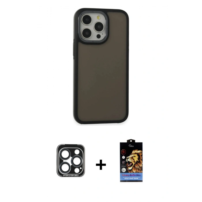 MARSİLYAN™- iPhone 15 Pro Max Kılıf Eksen Işık - Siyah Buffer Hayalet Cam Ekran Koruyucu + Lacivert PVD Metal Kamera Lens