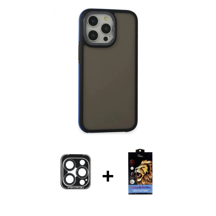 MARSİLYAN™- iPhone 15 Pro Max Kılıf Eksen Işık - Siyah Buffer Hayalet Cam Ekran Koruyucu + Lacivert PVD Metal Kamera Lens