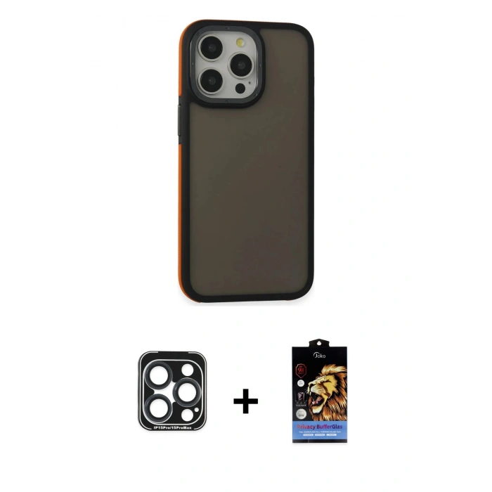 MARSİLYAN™- iPhone 15 Pro Max Kılıf Eksen Işık - Siyah Buffer Hayalet Cam Ekran Koruyucu + Lacivert PVD Metal Kamera Lens