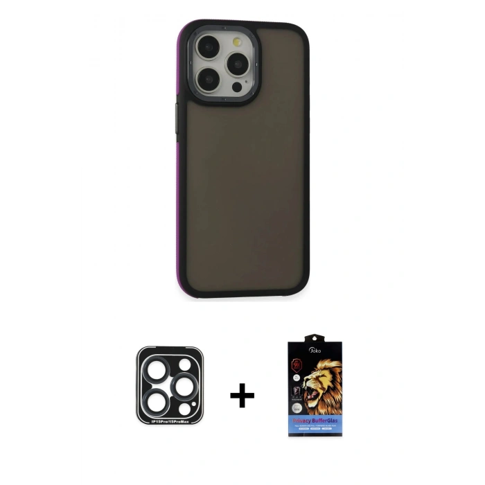 MARSİLYAN™- iPhone 15 Pro Max Kılıf Eksen Işık - Siyah Buffer Hayalet Cam Ekran Koruyucu + Lacivert PVD Metal Kamera Lens