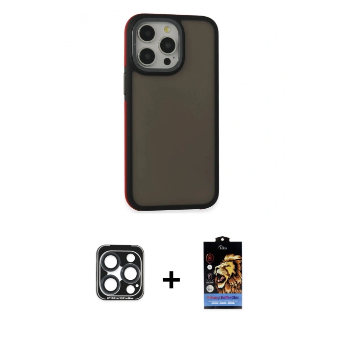 MARSİLYAN™- iPhone 15 Pro Max Kılıf Eksen Işık - Siyah Buffer Hayalet Cam Ekran Koruyucu + Lacivert PVD Metal Kamera Lens