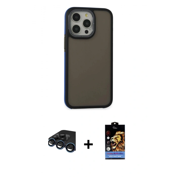 MARSİLYAN™- iPhone 15 Pro Max Kılıf Eksen Işık - Siyah Buffer Hayalet Cam Ekran Koruyucu + Raze Metal Kamera Lens - LT
