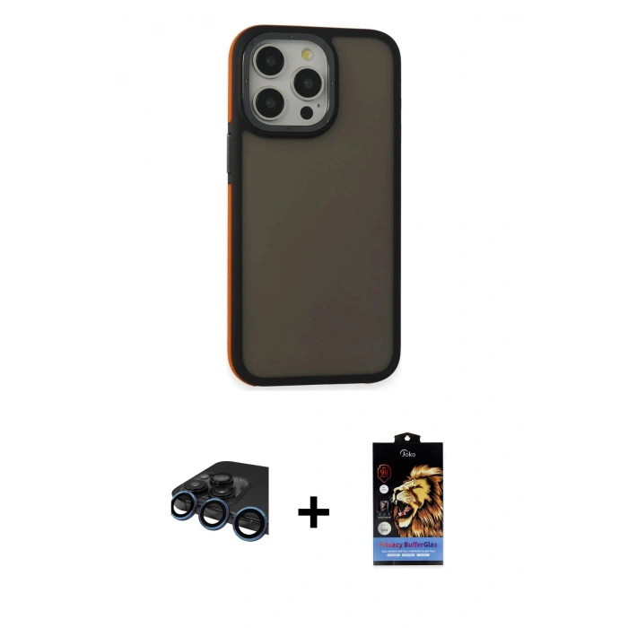 MARSİLYAN™- iPhone 15 Pro Max Kılıf Eksen Işık - Siyah Buffer Hayalet Cam Ekran Koruyucu + Raze Metal Kamera Lens - LT