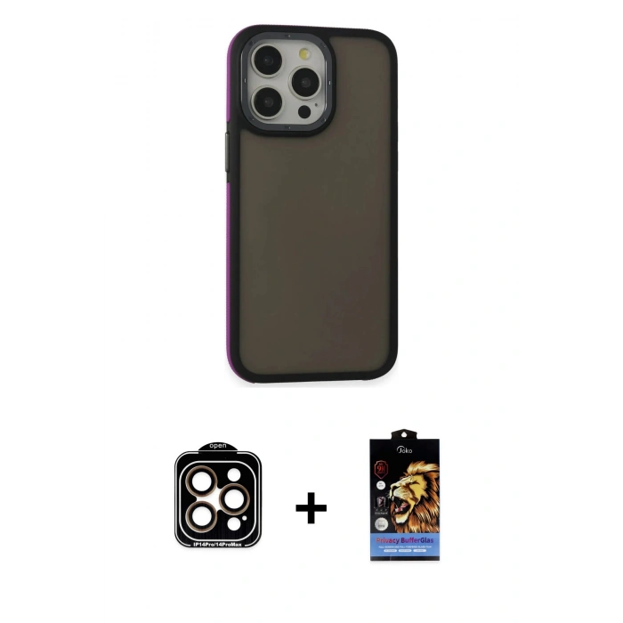 MARSİLYAN™- iPhone 15 Pro Max Kılıf Eksen Işık - Siyah Buffer Hayalet Cam Ekran Koruyucu + PVD Metal Kamera Lens - TU