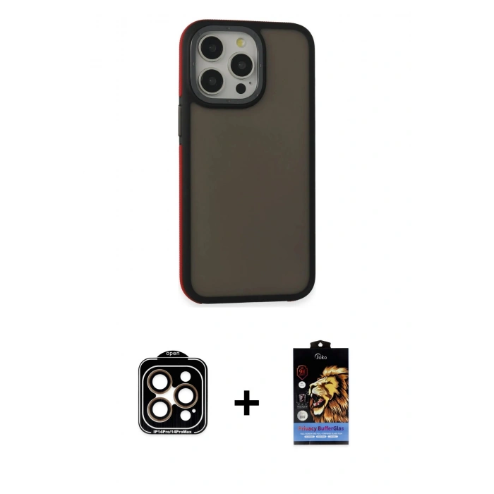 MARSİLYAN™- iPhone 15 Pro Max Kılıf Eksen Işık - Siyah Buffer Hayalet Cam Ekran Koruyucu + PVD Metal Kamera Lens - TU