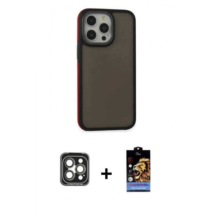 MARSİLYAN™- iPhone 15 Pro Max Kılıf Eksen Işık - Siyah Buffer Hayalet Cam Ekran Koruyucu + PVD Metal Kamera Lens - GI