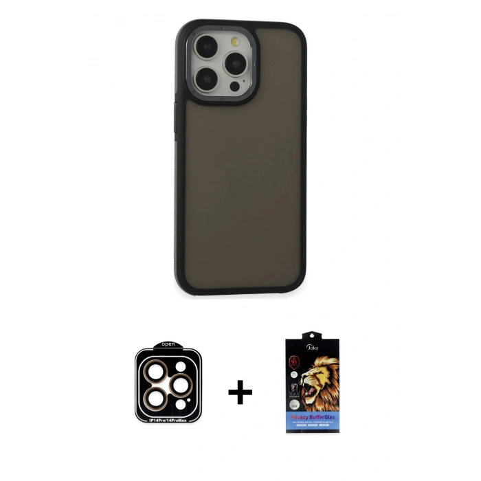 MARSİLYAN™- iPhone 15 Pro Max Kılıf Eksen Işık - Siyah Buffer Hayalet Cam Ekran Koruyucu + PVD Metal Kamera Lens - TU