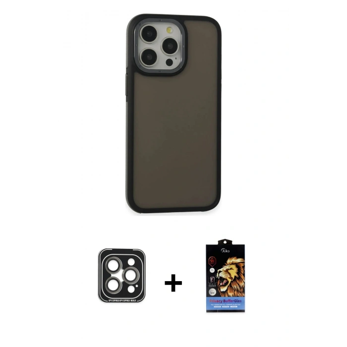 MARSİLYAN™- iPhone 15 Pro Max Kılıf Eksen Işık - Siyah Buffer Hayalet Cam Ekran Koruyucu + PVD Metal Kamera Lens - GI