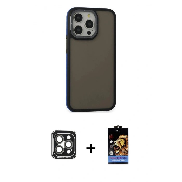 MARSİLYAN™- iPhone 15 Pro Max Kılıf Eksen Işık - Siyah Buffer Hayalet Cam Ekran Koruyucu + PVD Metal Kamera Lens - GI