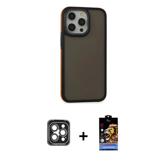 MARSİLYAN™- iPhone 15 Pro Max Kılıf Eksen Işık - Siyah Buffer Hayalet Cam Ekran Koruyucu + PVD Metal Kamera Lens - GI