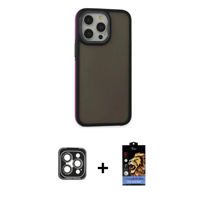 MARSİLYAN™- iPhone 15 Pro Max Kılıf Eksen Işık - Siyah Buffer Hayalet Cam Ekran Koruyucu + PVD Metal Kamera Lens - GI