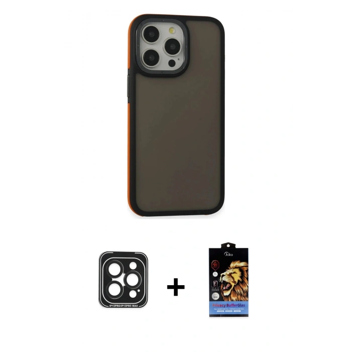 MARSİLYAN™- iPhone 15 Pro Max Kılıf Eksen Işık - Siyah Buffer Hayalet Cam Ekran Koruyucu + Siyah PVD Metal Kamera Lens