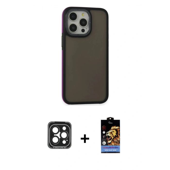 MARSİLYAN™- iPhone 15 Pro Max Kılıf Eksen Işık - Siyah Buffer Hayalet Cam Ekran Koruyucu + Siyah PVD Metal Kamera Lens