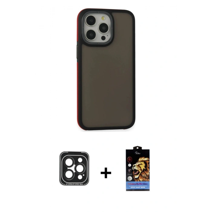 MARSİLYAN™- iPhone 15 Pro Max Kılıf Eksen Işık - Siyah Buffer Hayalet Cam Ekran Koruyucu + Siyah PVD Metal Kamera Lens