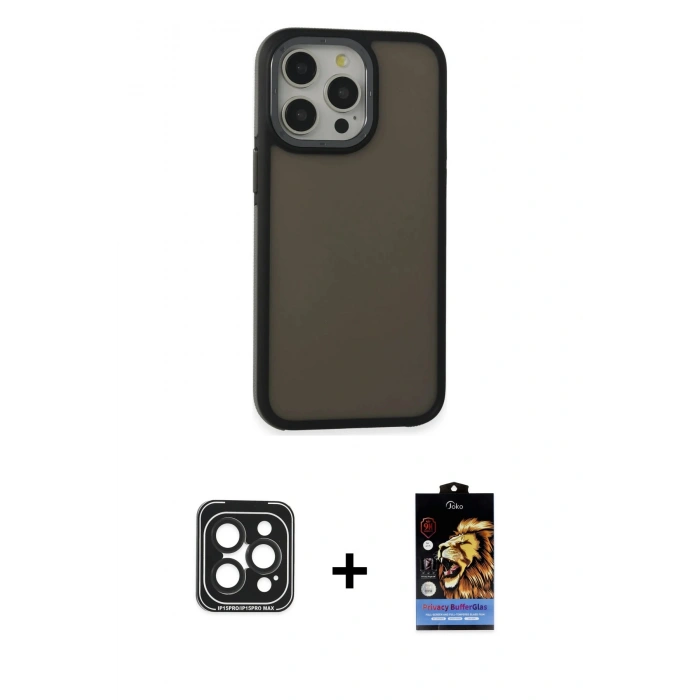 MARSİLYAN™- iPhone 15 Pro Max Kılıf Eksen Işık - Siyah Buffer Hayalet Cam Ekran Koruyucu + Siyah PVD Metal Kamera Lens