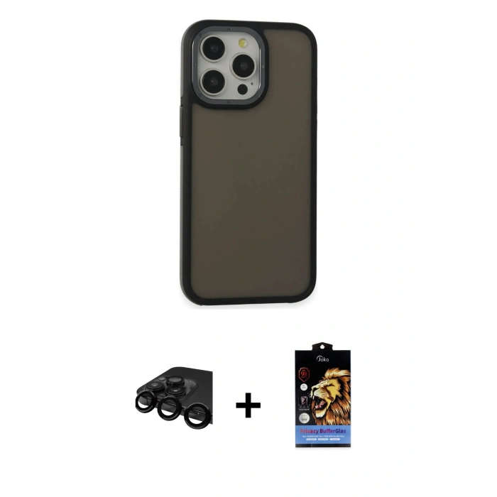 MARSİLYAN™- iPhone 15 Pro Max Kılıf Eksen Işık - Siyah Buffer Hayalet Cam Ekran Koruyucu + Raze Metal Kamera Lens - SH