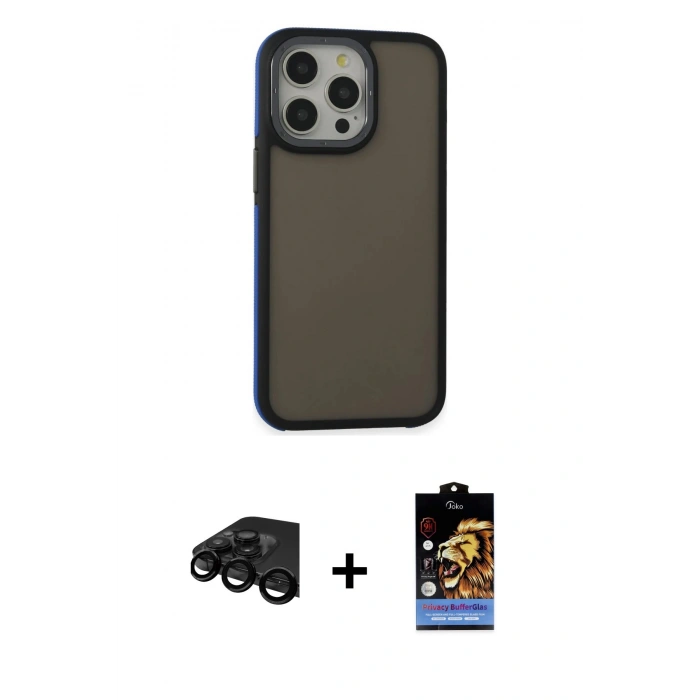 MARSİLYAN™- iPhone 15 Pro Max Kılıf Eksen Işık - Siyah Buffer Hayalet Cam Ekran Koruyucu + Raze Metal Kamera Lens - SH