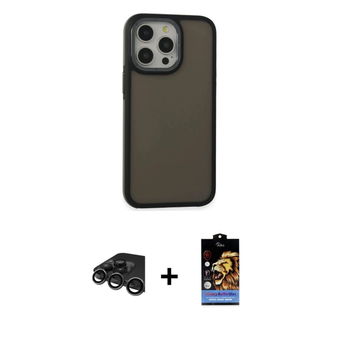 MARSİLYAN™- iPhone 15 Pro Max Kılıf Eksen Işık - Siyah Buffer Hayalet Cam Ekran Koruyucu + Titanyum Gri Raze Metal Kamera Lens