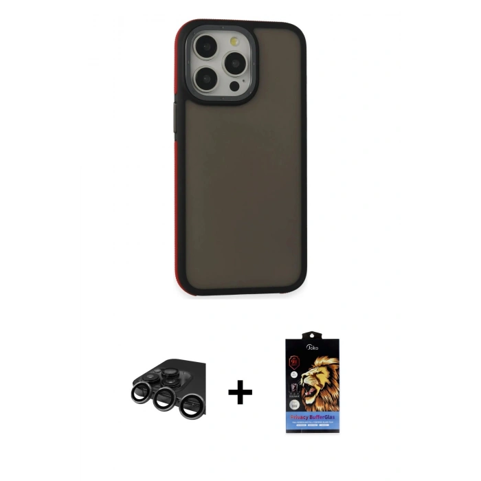 MARSİLYAN™- iPhone 15 Pro Max Kılıf Eksen Işık - Siyah Buffer Hayalet Cam Ekran Koruyucu + Titanyum Gri Raze Metal Kamera Lens