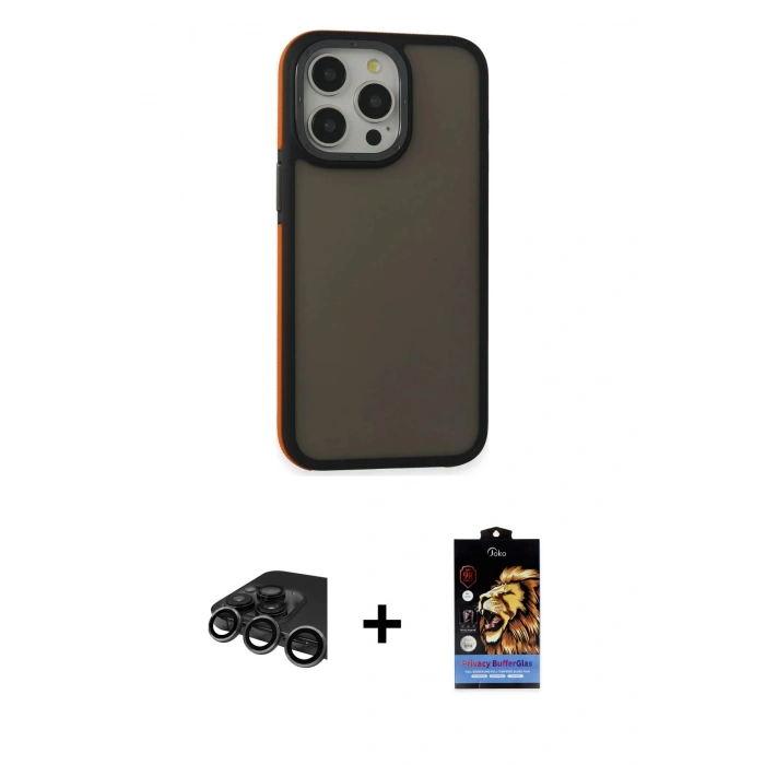 MARSİLYAN™- iPhone 15 Pro Max Kılıf Eksen Işık - Siyah Buffer Hayalet Cam Ekran Koruyucu + Titanyum Gri Raze Metal Kamera Lens