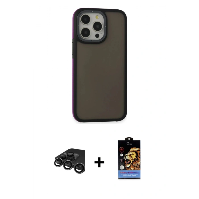 MARSİLYAN™- iPhone 15 Pro Max Kılıf Eksen Işık - Siyah Buffer Hayalet Cam Ekran Koruyucu + Titanyum Gri Raze Metal Kamera Lens
