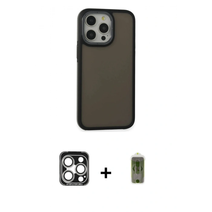 MARSİLYAN™- iPhone 15 Pro Max Kılıf Eksen Işık - Siyah Joko Magic 5D Hayalet Cam + PVD Metal Kamera Lens - GS