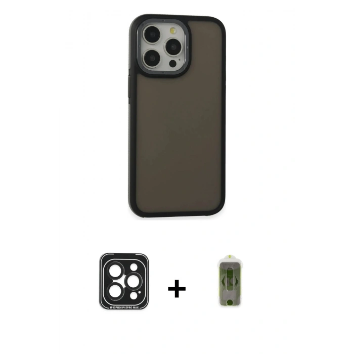 MARSİLYAN™- iPhone 15 Pro Max Kılıf Eksen Işık - Siyah Joko Magic 5D Hayalet Cam + Siyah PVD Metal Kamera Lens