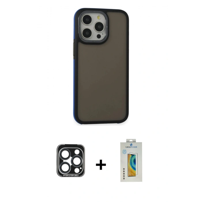 MARSİLYAN™- iPhone 15 Pro Max Kılıf Eksen Işık - Siyah Polymer Nano Ekran Koruyucu + Lacivert PVD Metal Kamera Lens